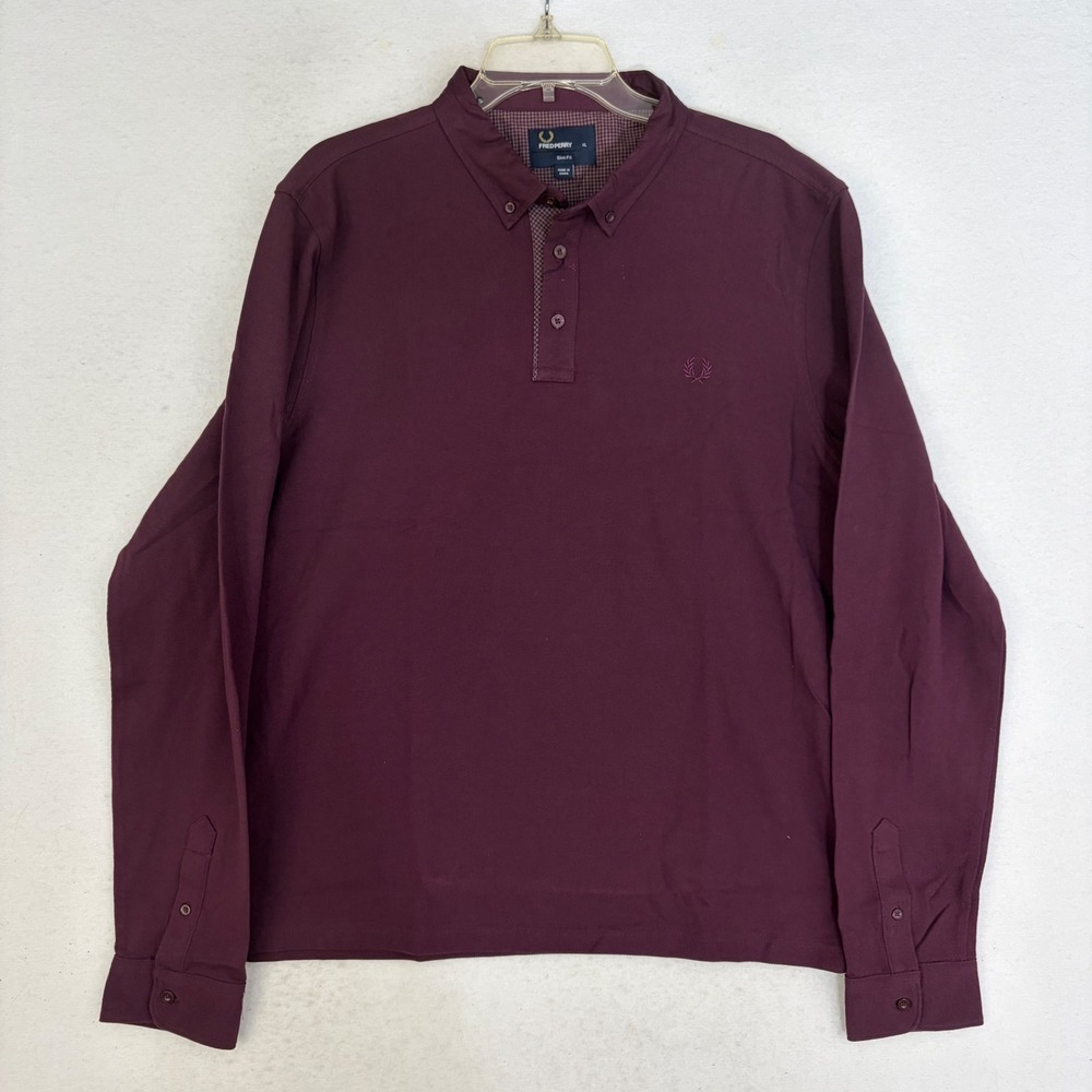 Fred Perry Long Sleeve Polo Men XL Mahogany New M1363 Slim Fit Gingham Trim $149